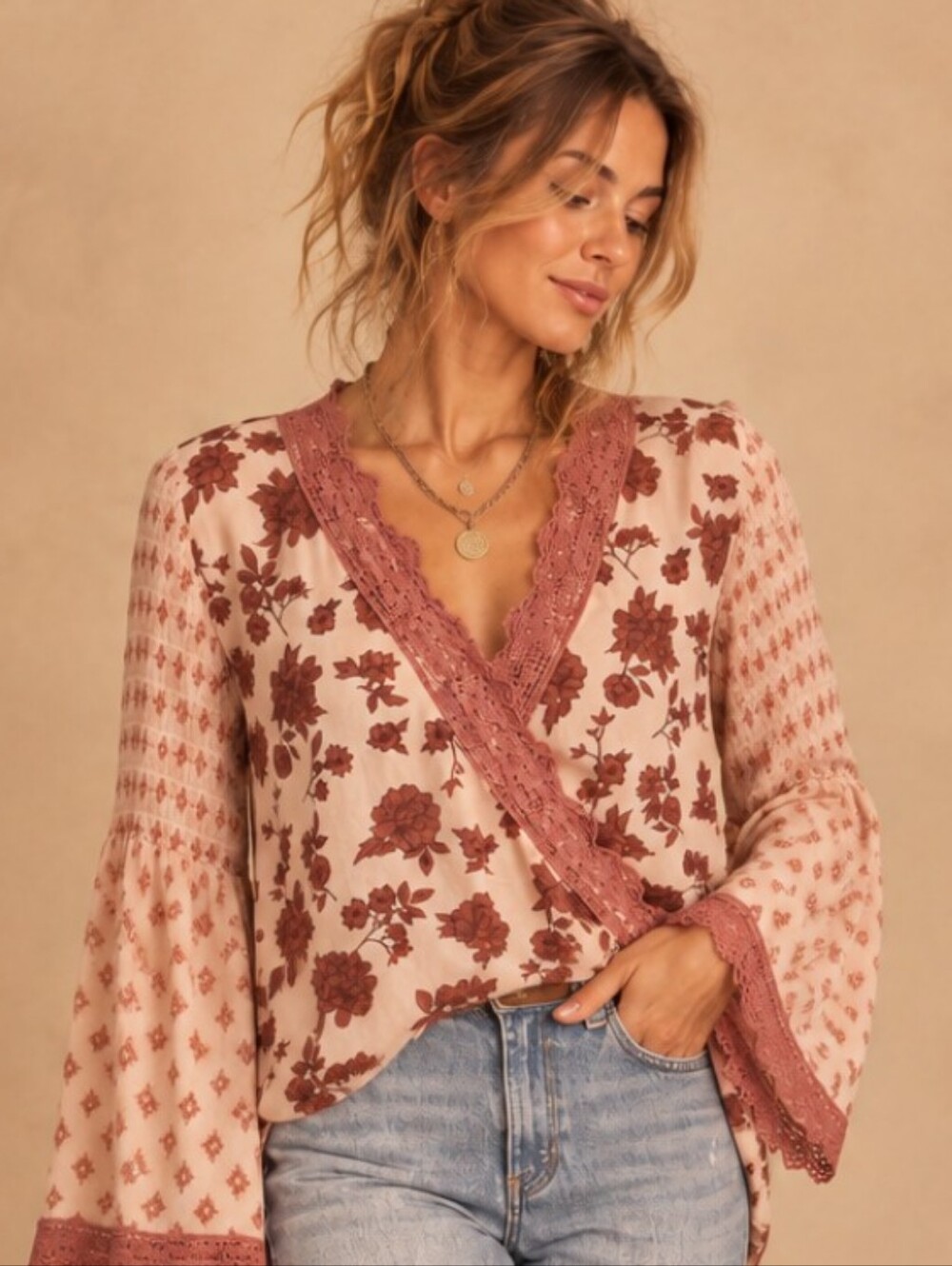 Altar'd State Floral Lace Trim Surplice Boho Hi-low Blouse Medium EUC